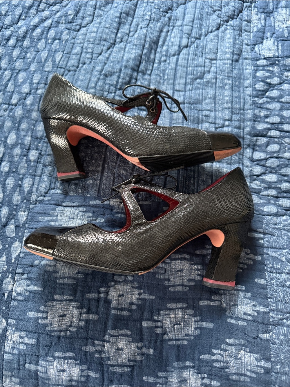 Oh Black Patent & Embossed Snake Skin Accent Mary Jane Heels